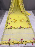 Swan handpainted and hardwork linen saree|yellow