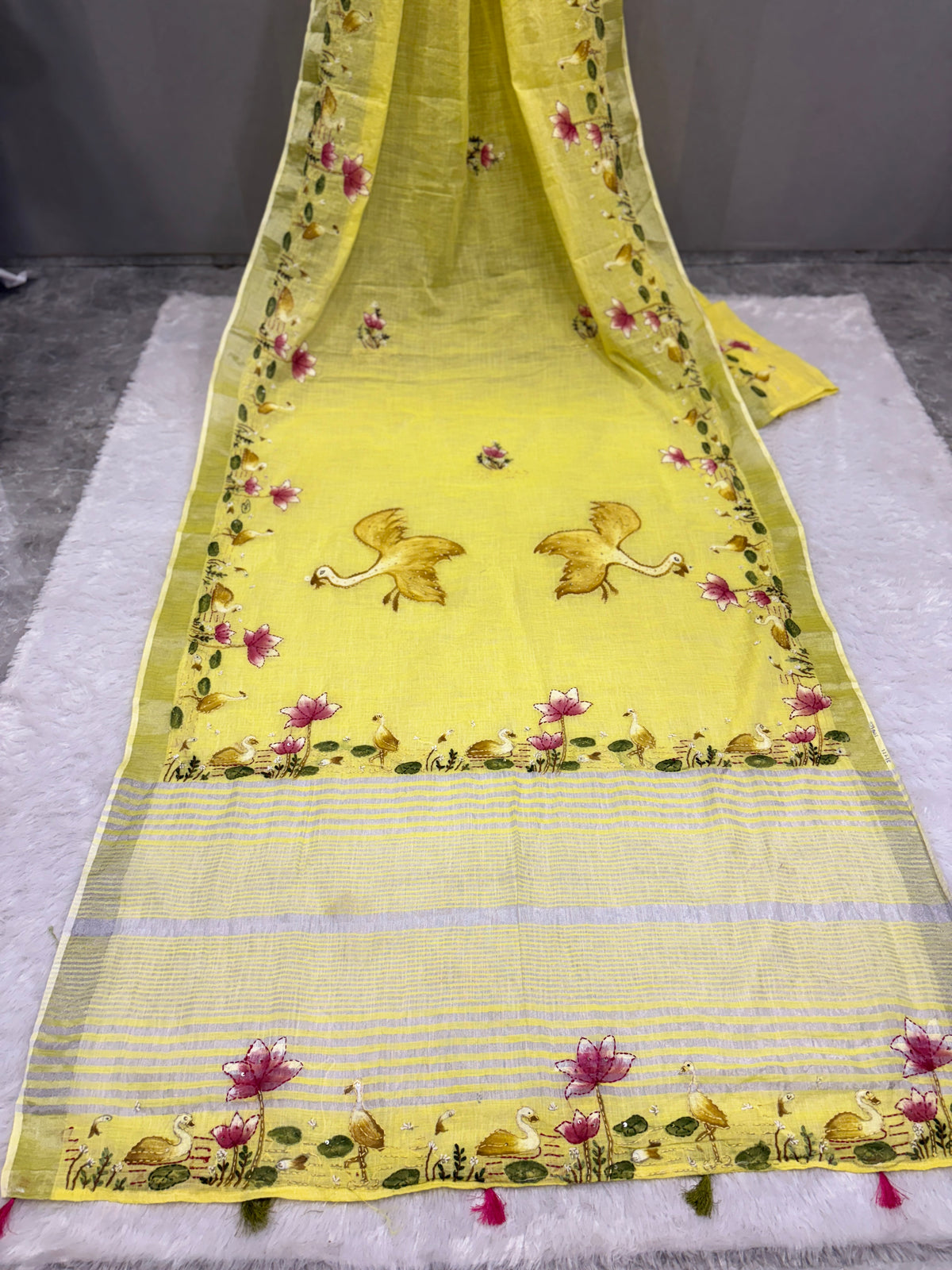 Swan handpainted and hardwork linen saree|yellow