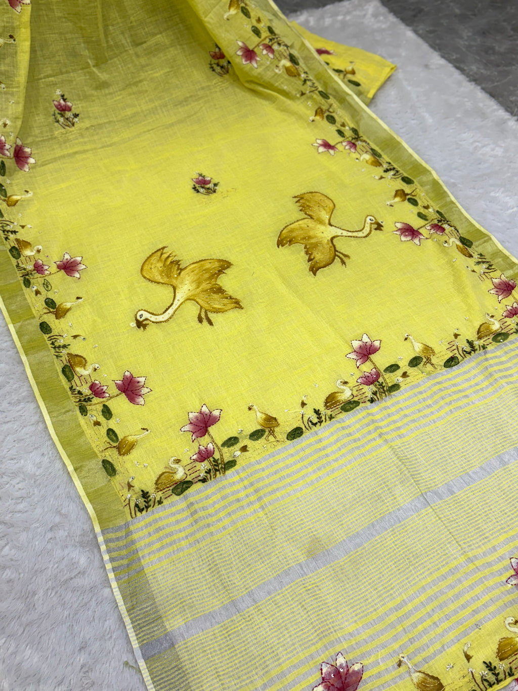 Swan handpainted and hardwork linen saree|yellow