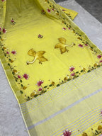 Swan handpainted and hardwork linen saree|yellow