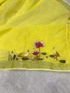 Swan handpainted and hardwork linen saree|yellow