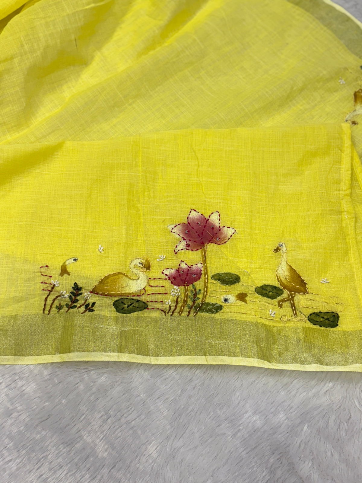 Swan handpainted and hardwork linen saree|yellow