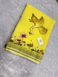 Swan handpainted and hardwork linen saree|yellow