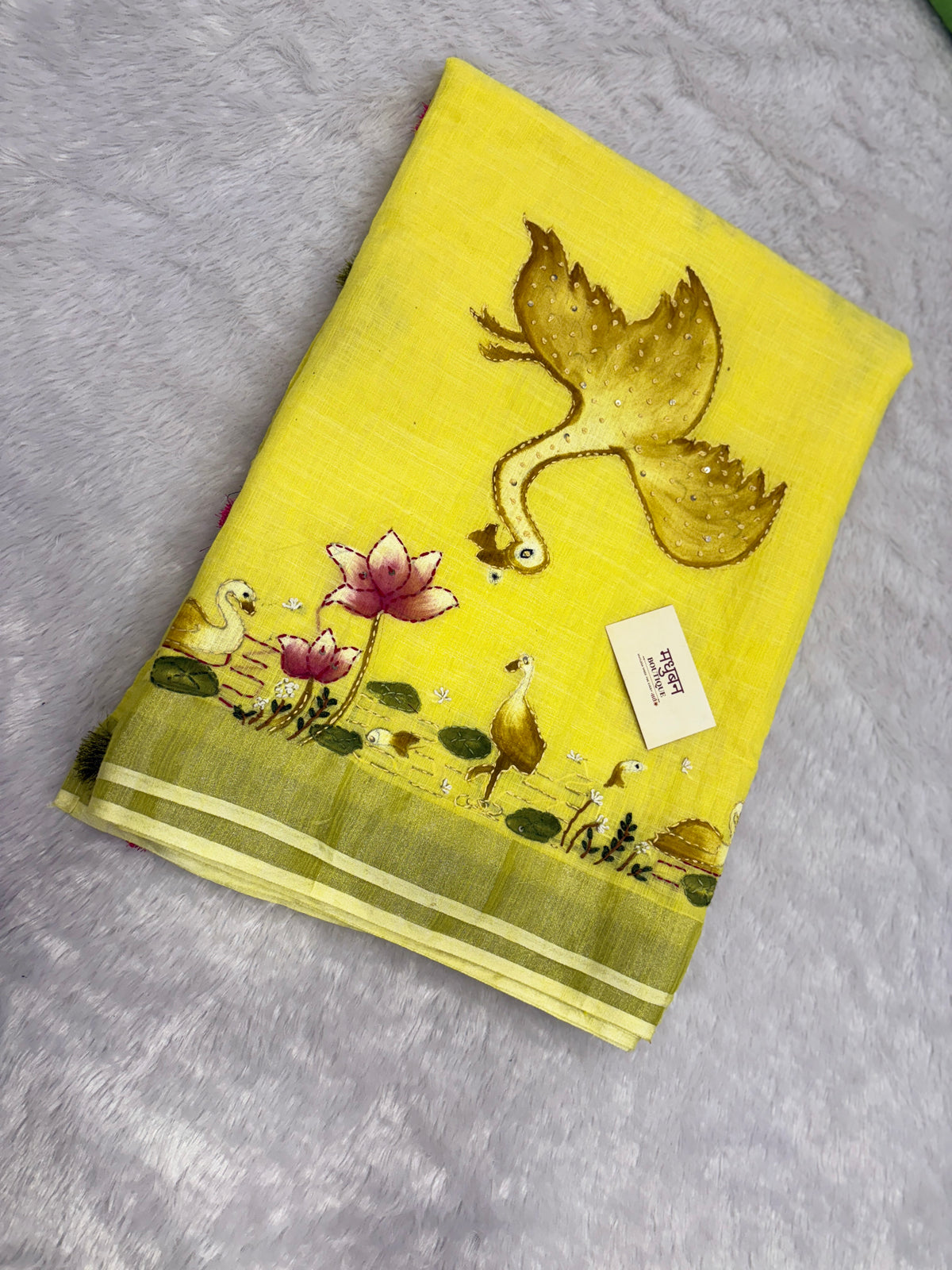 Swan handpainted and hardwork linen saree|yellow