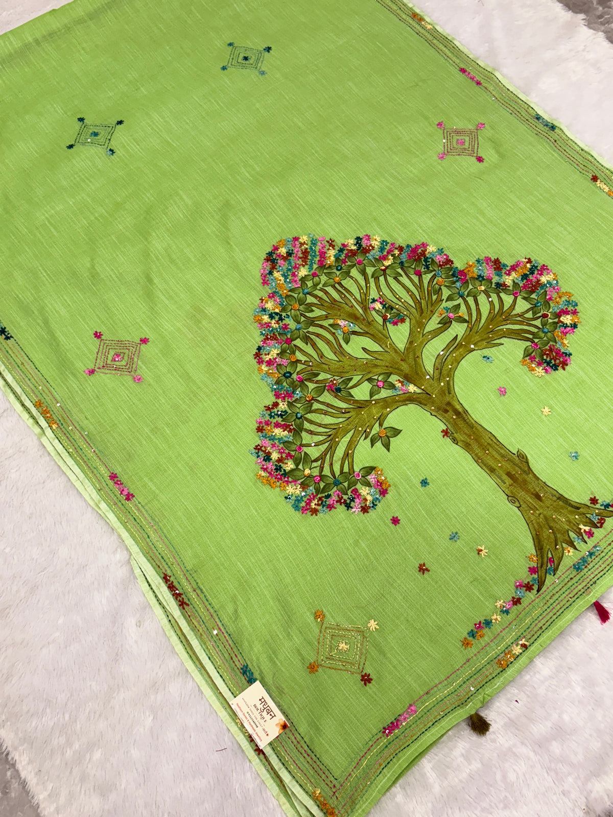 3D Tree handpainted and hardwork linen saree|Green