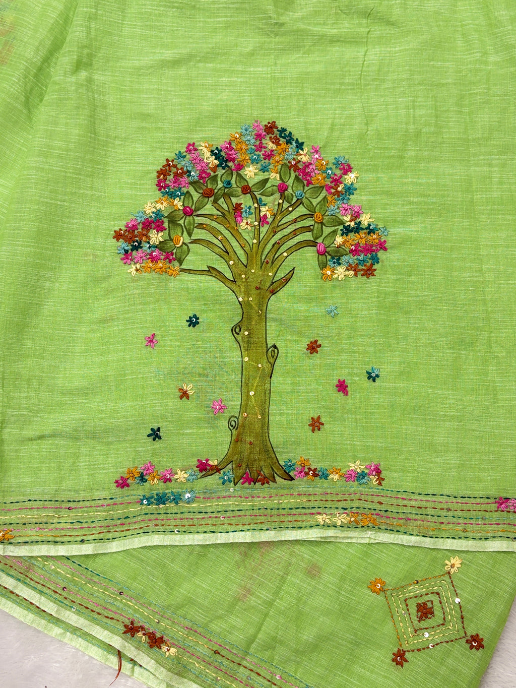 3D Tree handpainted and hardwork linen saree|Green
