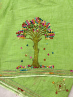 3D Tree handpainted and hardwork linen saree|Green