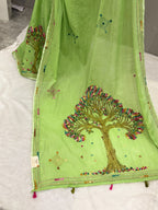 3D Tree handpainted and hardwork linen saree|Green