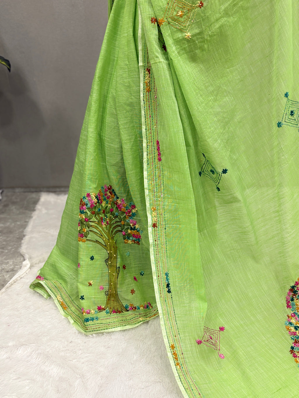 3D Tree handpainted and hardwork linen saree|Green