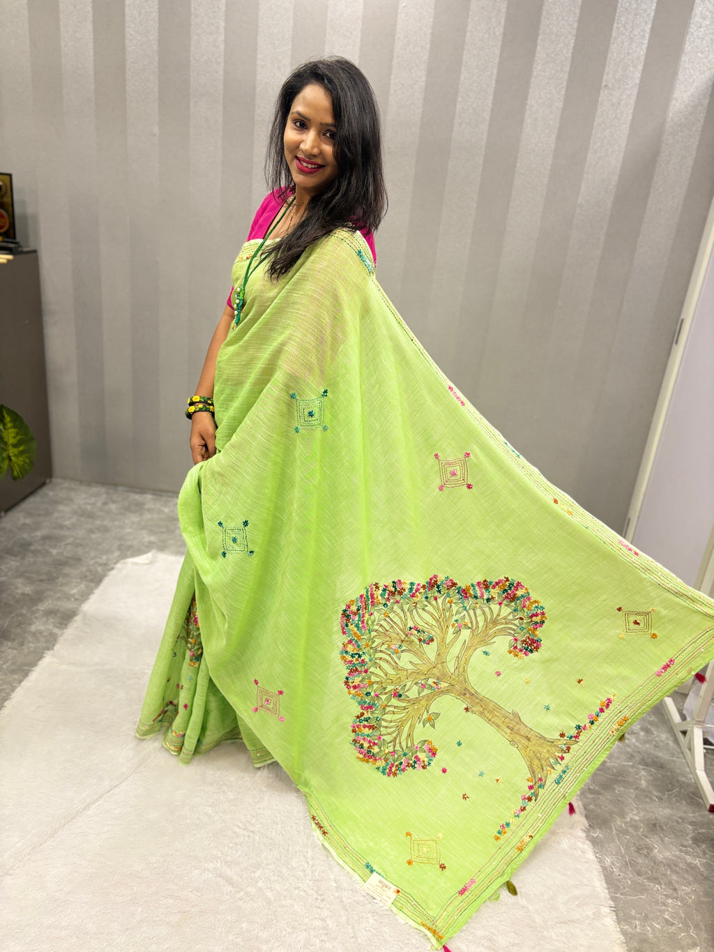 3D Tree handpainted and hardwork linen saree|Green