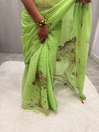 3D Tree handpainted and hardwork linen saree|Green