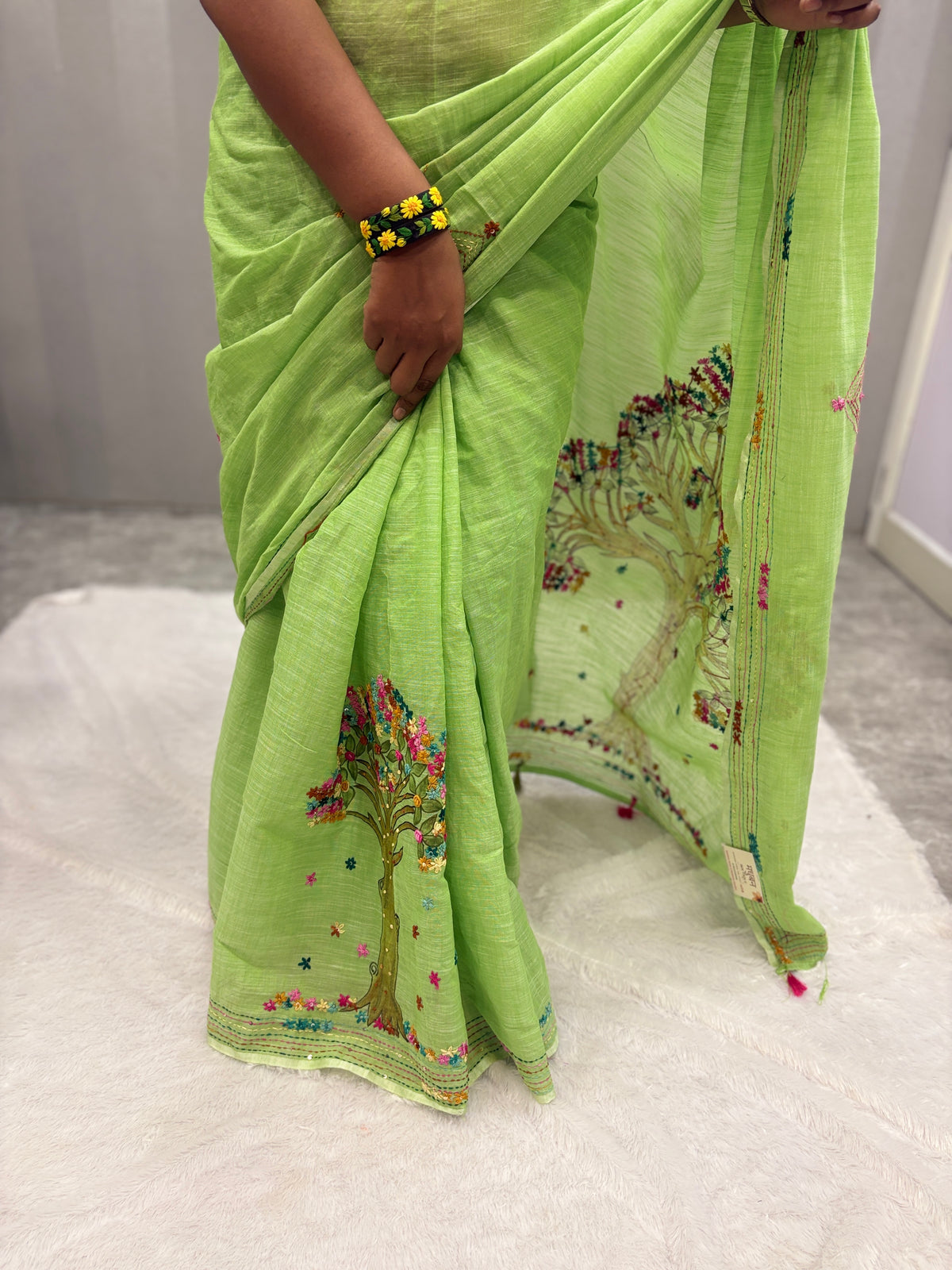 3D Tree handpainted and hardwork linen saree|Green
