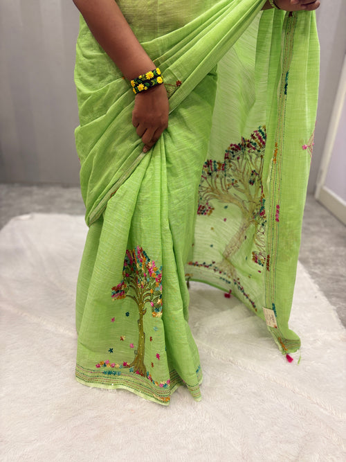 3D Tree handpainted and hardwork linen saree|Green