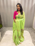 3D Tree handpainted and hardwork linen saree|Green