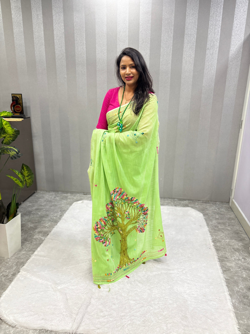 3D Tree handpainted and hardwork linen saree|Green