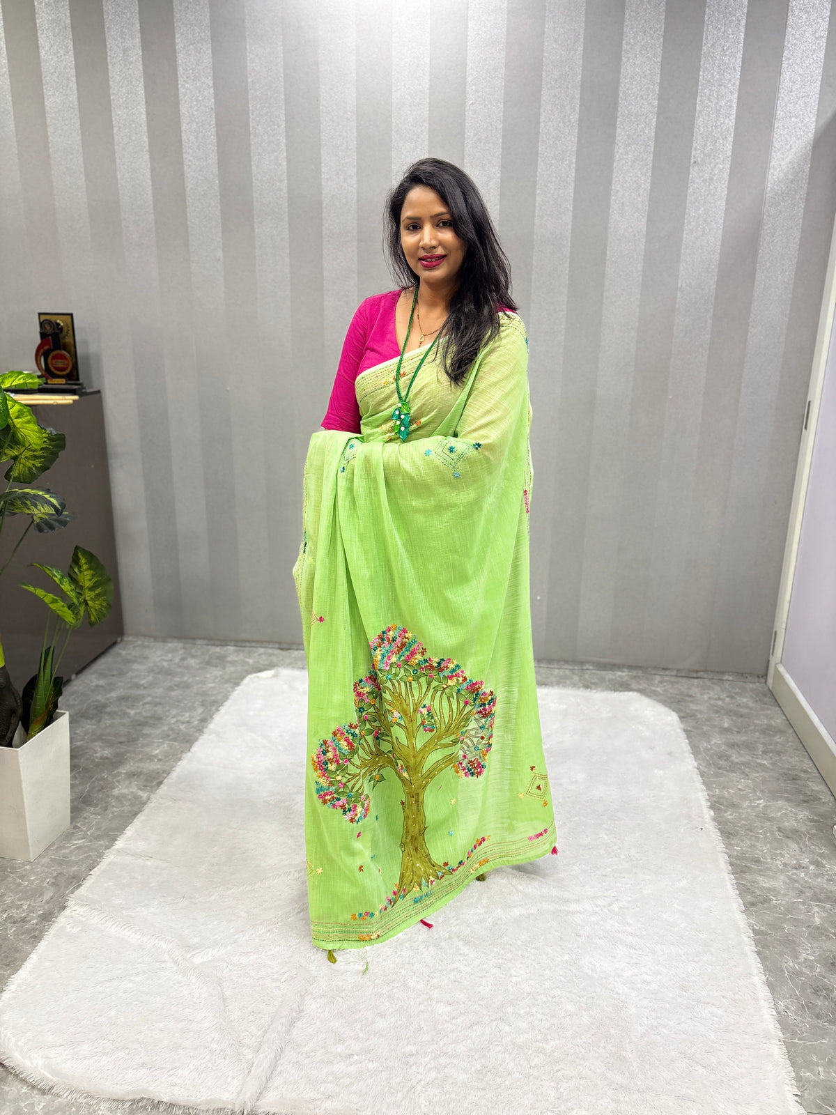 3D Tree handpainted and hardwork linen saree|Green