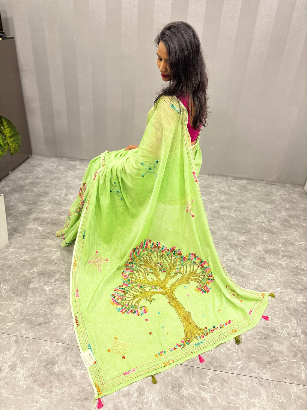 3D Tree handpainted and hardwork linen saree|Green