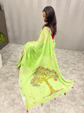 3D Tree handpainted and hardwork linen saree|Green