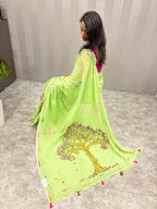 3D Tree handpainted and hardwork linen saree|Green