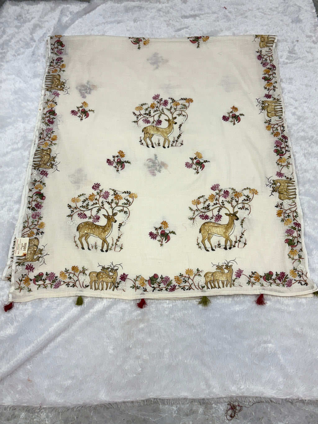 Deer handpainted and hardwork linen saree|offwhite