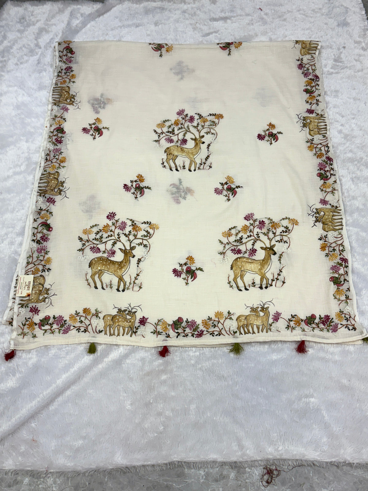Deer handpainted and hardwork linen saree|offwhite
