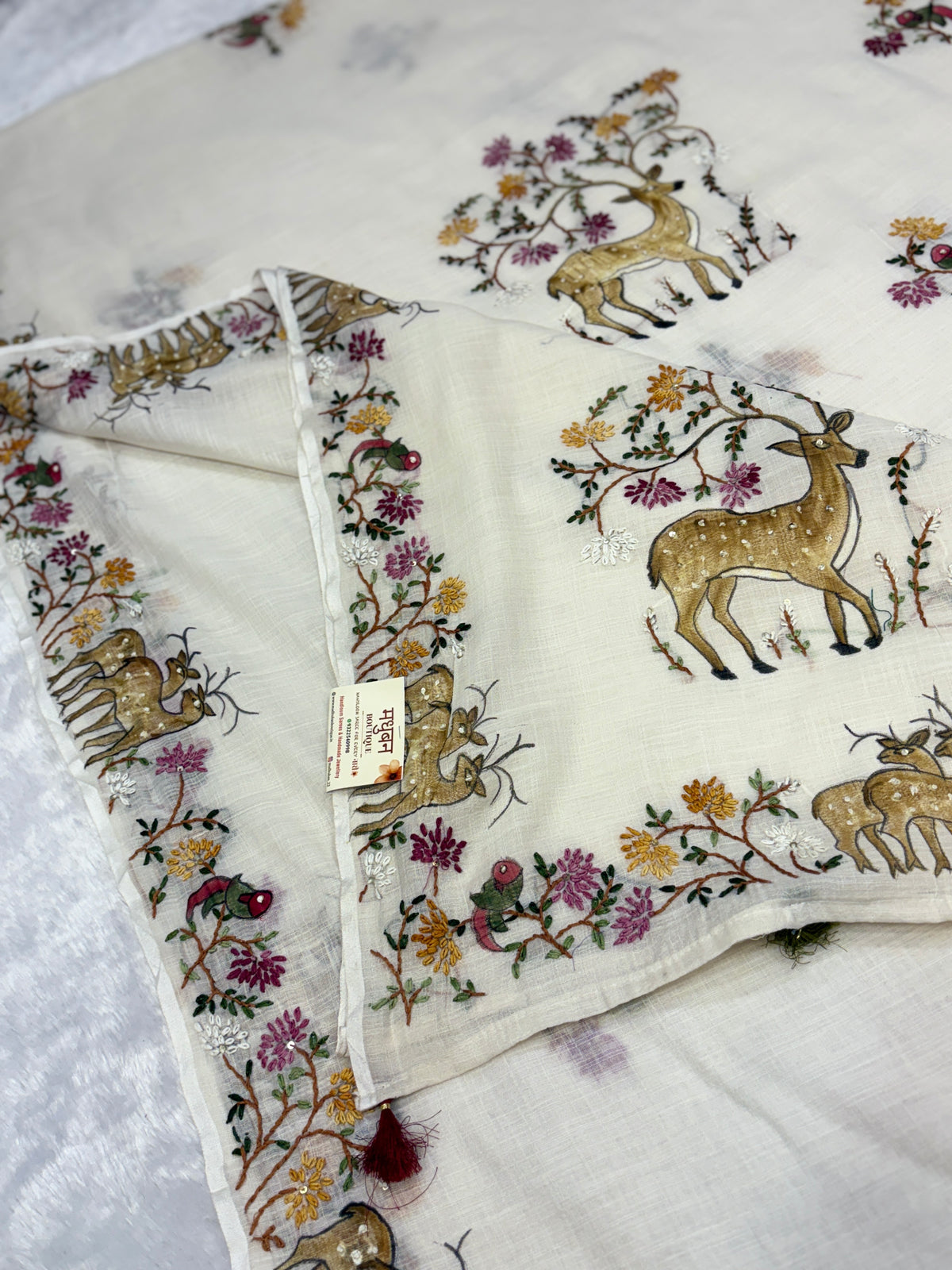 Deer handpainted and hardwork linen saree|offwhite