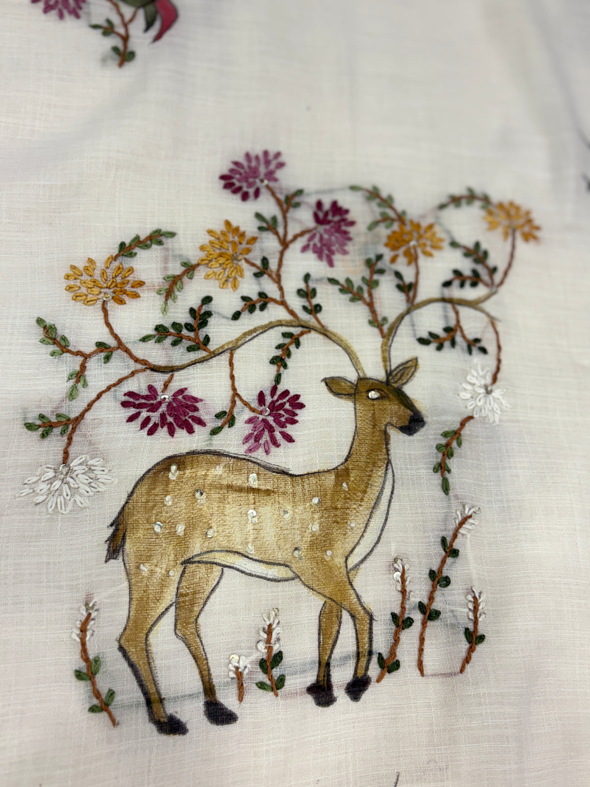 Deer handpainted and hardwork linen saree|offwhite