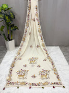 Deer handpainted and hardwork linen saree|offwhite