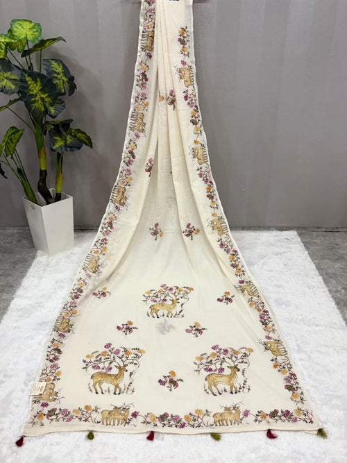 Deer handpainted and hardwork linen saree|offwhite