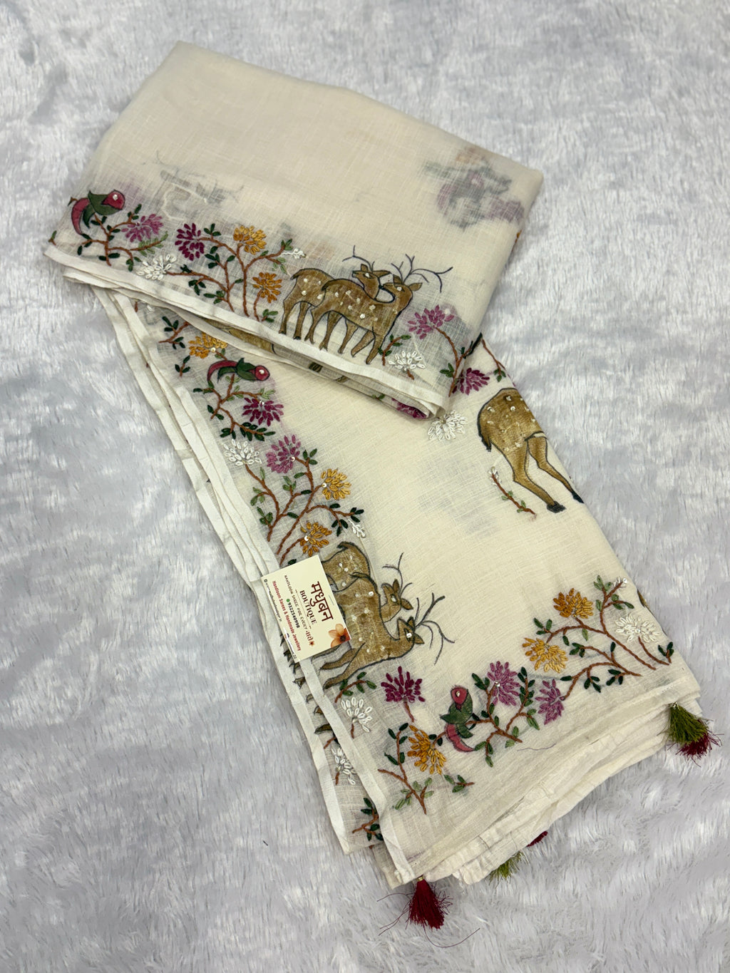 Deer handpainted and hardwork linen saree|offwhite