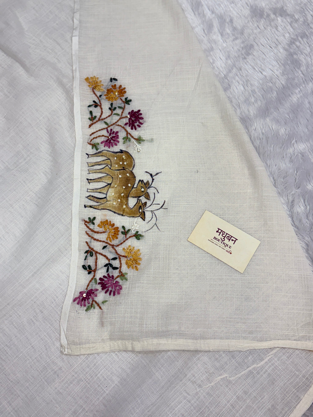 Deer handpainted and hardwork linen saree|offwhite