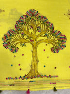 3D Tree handpainted and hardwork linen saree|yellow