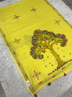 3D Tree handpainted and hardwork linen saree|yellow
