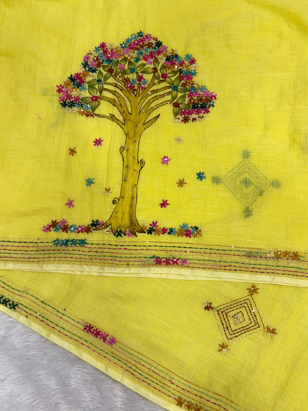 3D Tree handpainted and hardwork linen saree|yellow