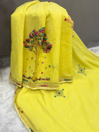 3D Tree handpainted and hardwork linen saree|yellow