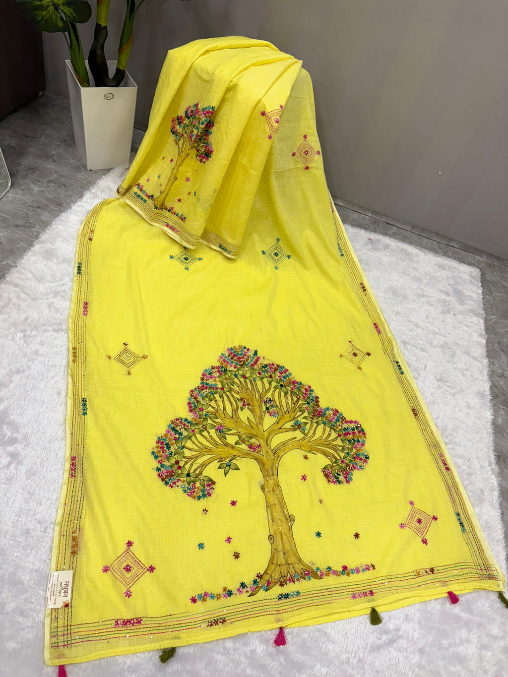 3D Tree handpainted and hardwork linen saree|yellow
