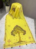 3D Tree handpainted and hardwork linen saree|yellow