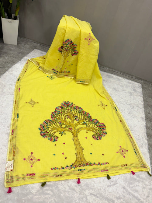 3D Tree handpainted and hardwork linen saree|yellow