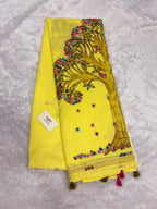 3D Tree handpainted and hardwork linen saree|yellow