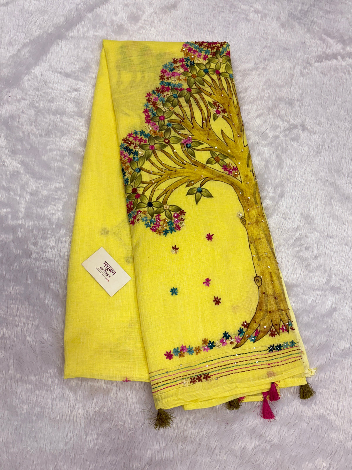 3D Tree handpainted and hardwork linen saree|yellow