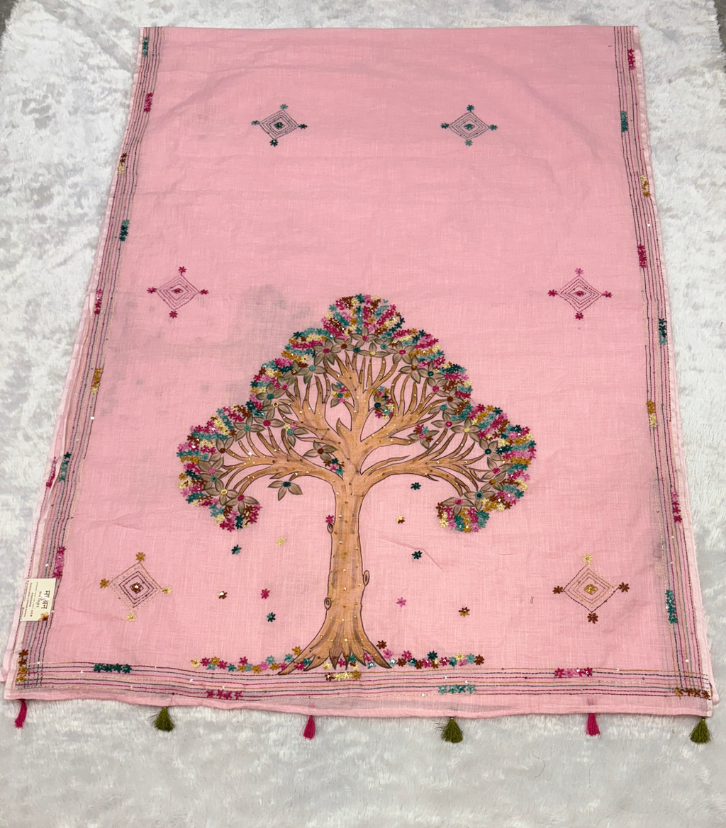 3D Tree handpainted and hardwork linen saree|Pink
