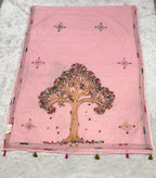 3D Tree handpainted and hardwork linen saree|Pink