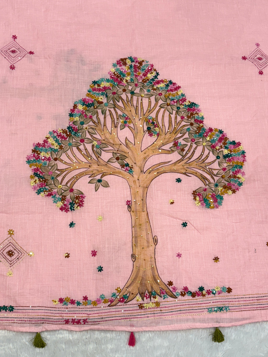 3D Tree handpainted and hardwork linen saree|Pink