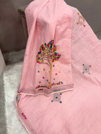 3D Tree handpainted and hardwork linen saree|Pink