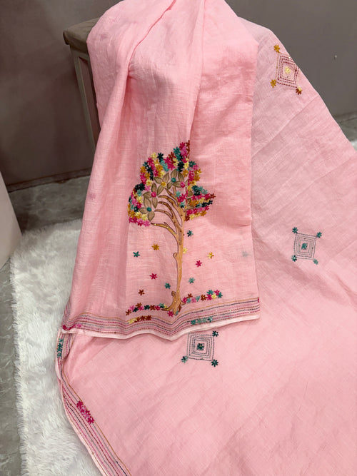 3D Tree handpainted and hardwork linen saree|Pink