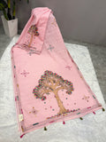 3D Tree handpainted and hardwork linen saree|Pink
