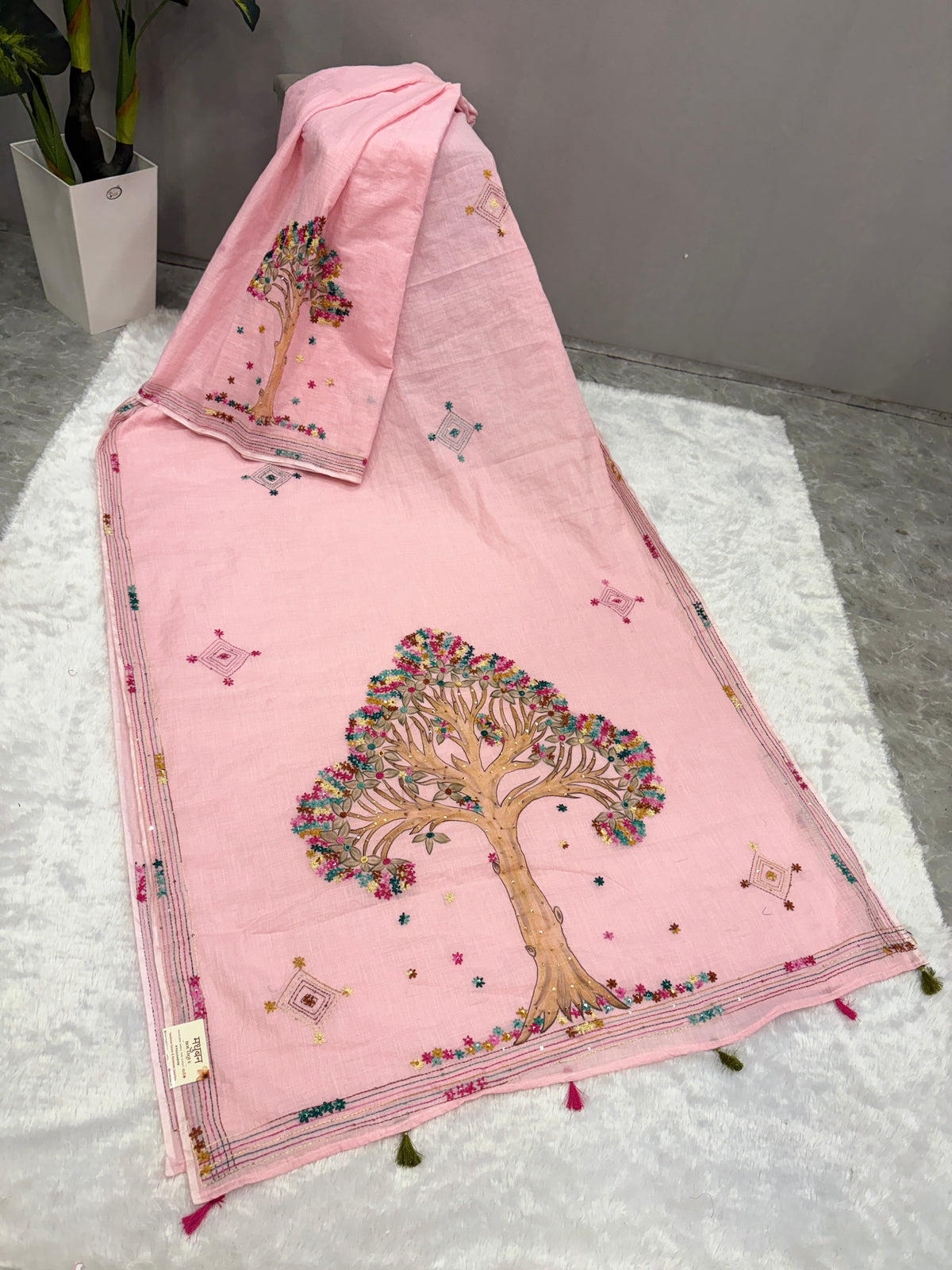 3D Tree handpainted and hardwork linen saree|Pink