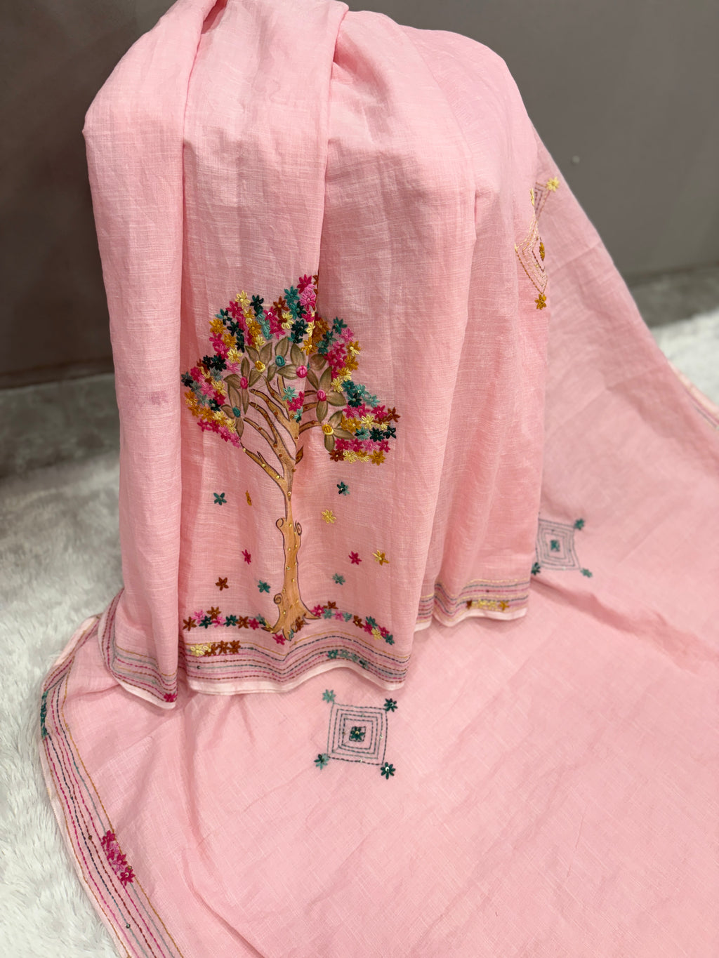 3D Tree handpainted and hardwork linen saree|Pink