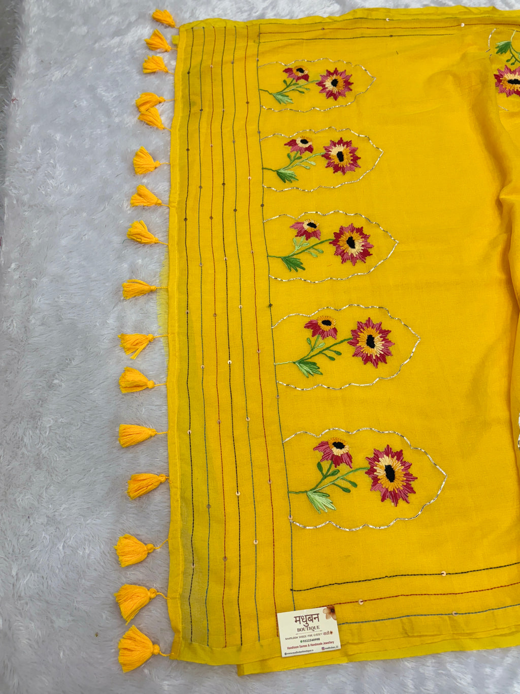Niddle work flower saree|yellow