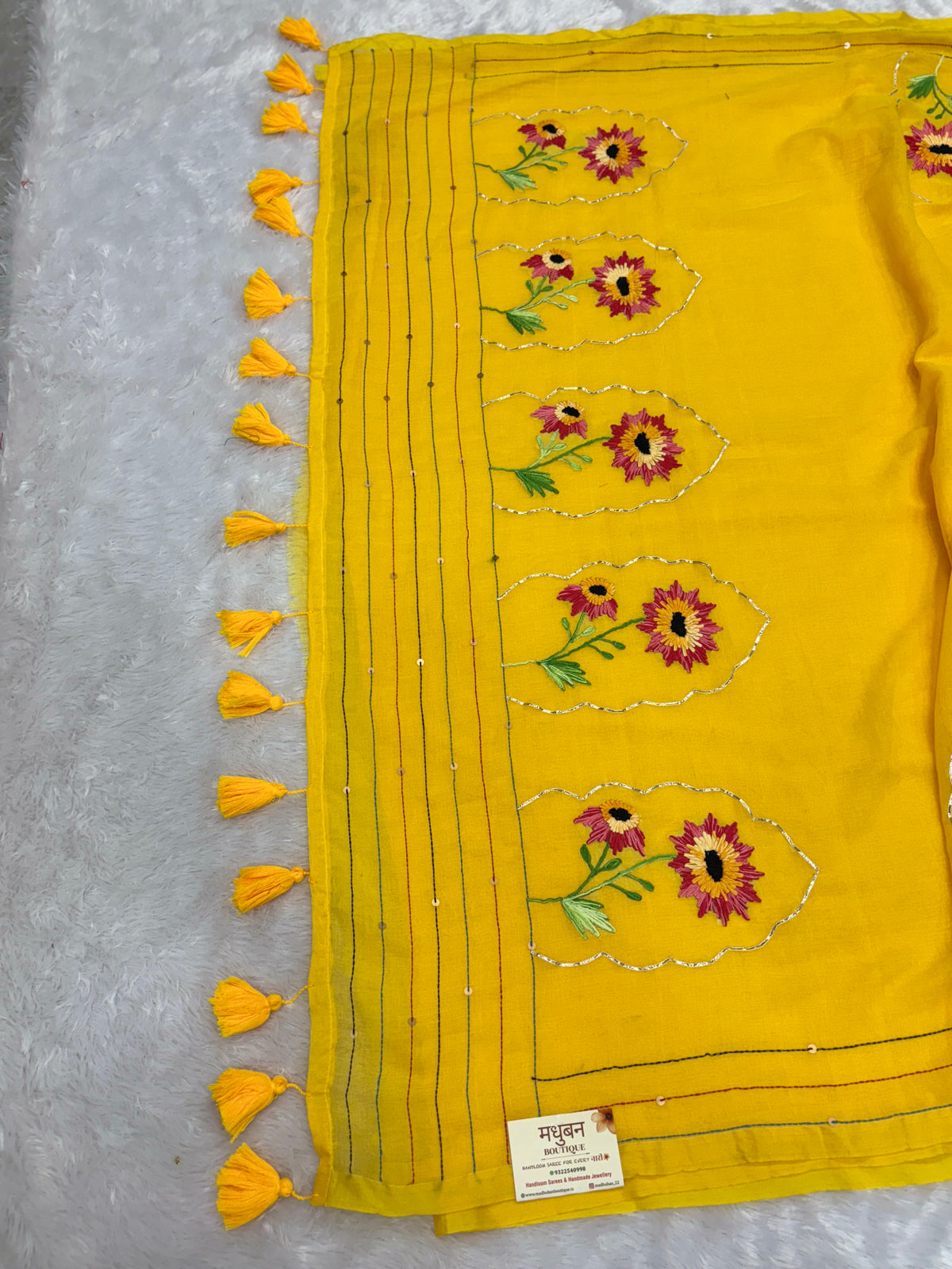 Niddle work flower saree|yellow